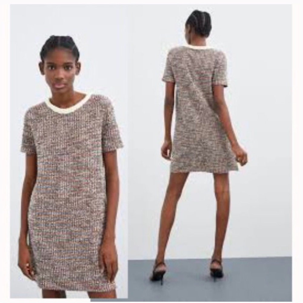 Women's Zara Multicolor Tweed Dress Size small textured pearl neck